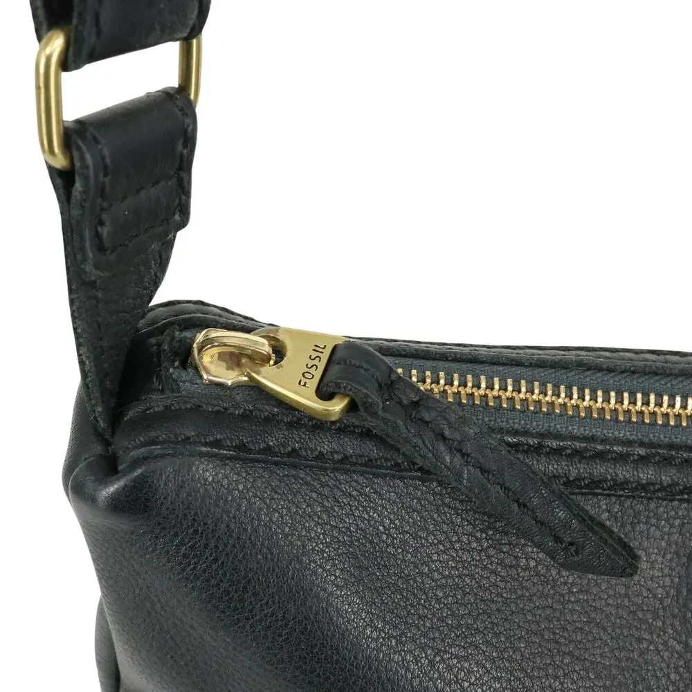 Fossil Leather Handbag Womens Black Crossbody Bag Zipper Pockets Preppy Academia